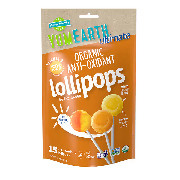YumEarth, Ultimate, Organic Anti-Oxidant Lollipops, Mango, Orange, Lemon, 15 Lollipops